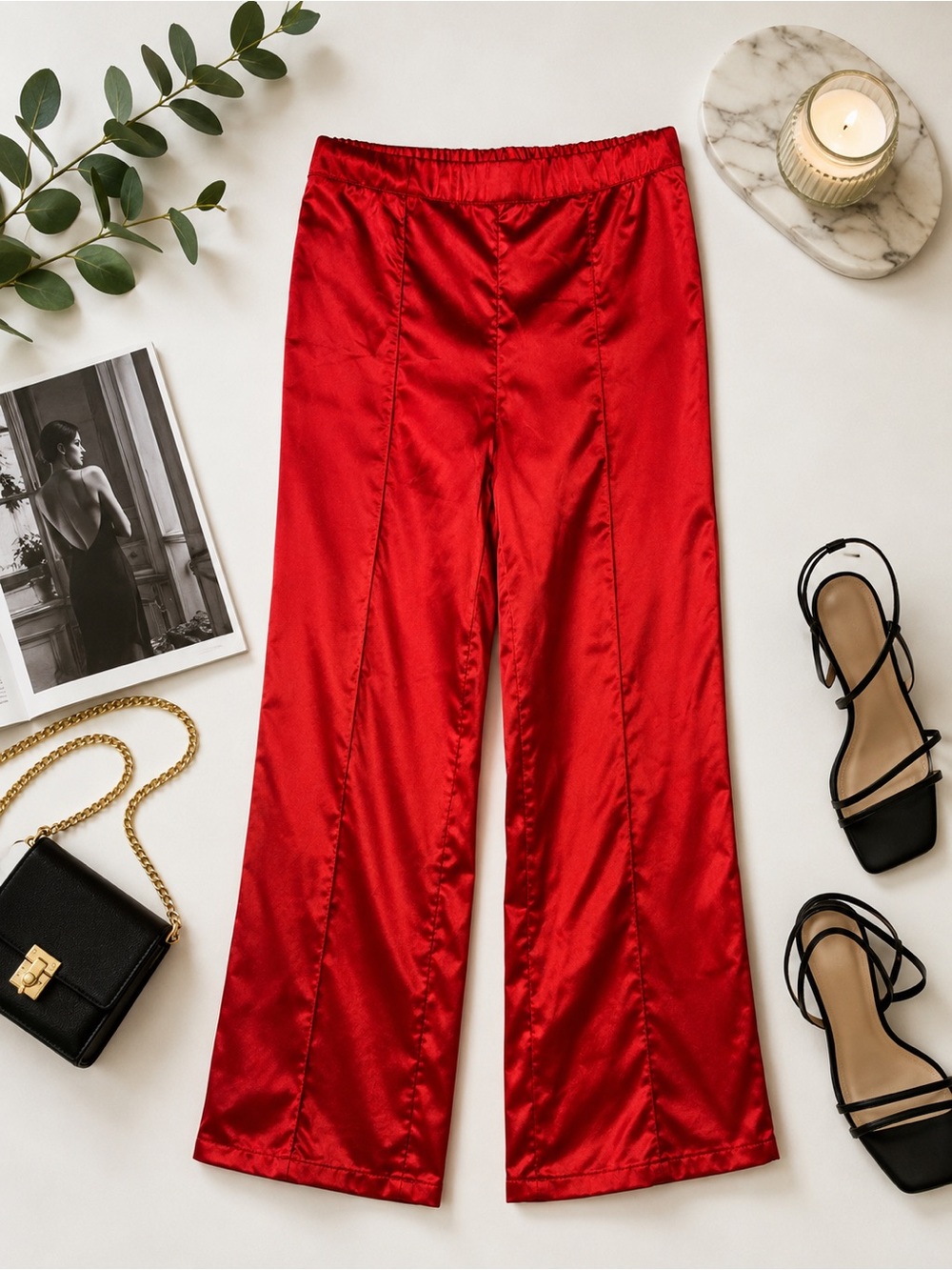 Sincerely Jules Red Satin Wide Leg Pants Women’s Large Pull-On Elastic Waist